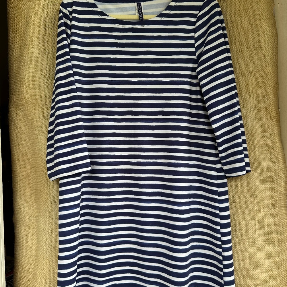 Aqua Et Sol Long Sleeve Blue & White Stripe Swim Coverup Dress - Med